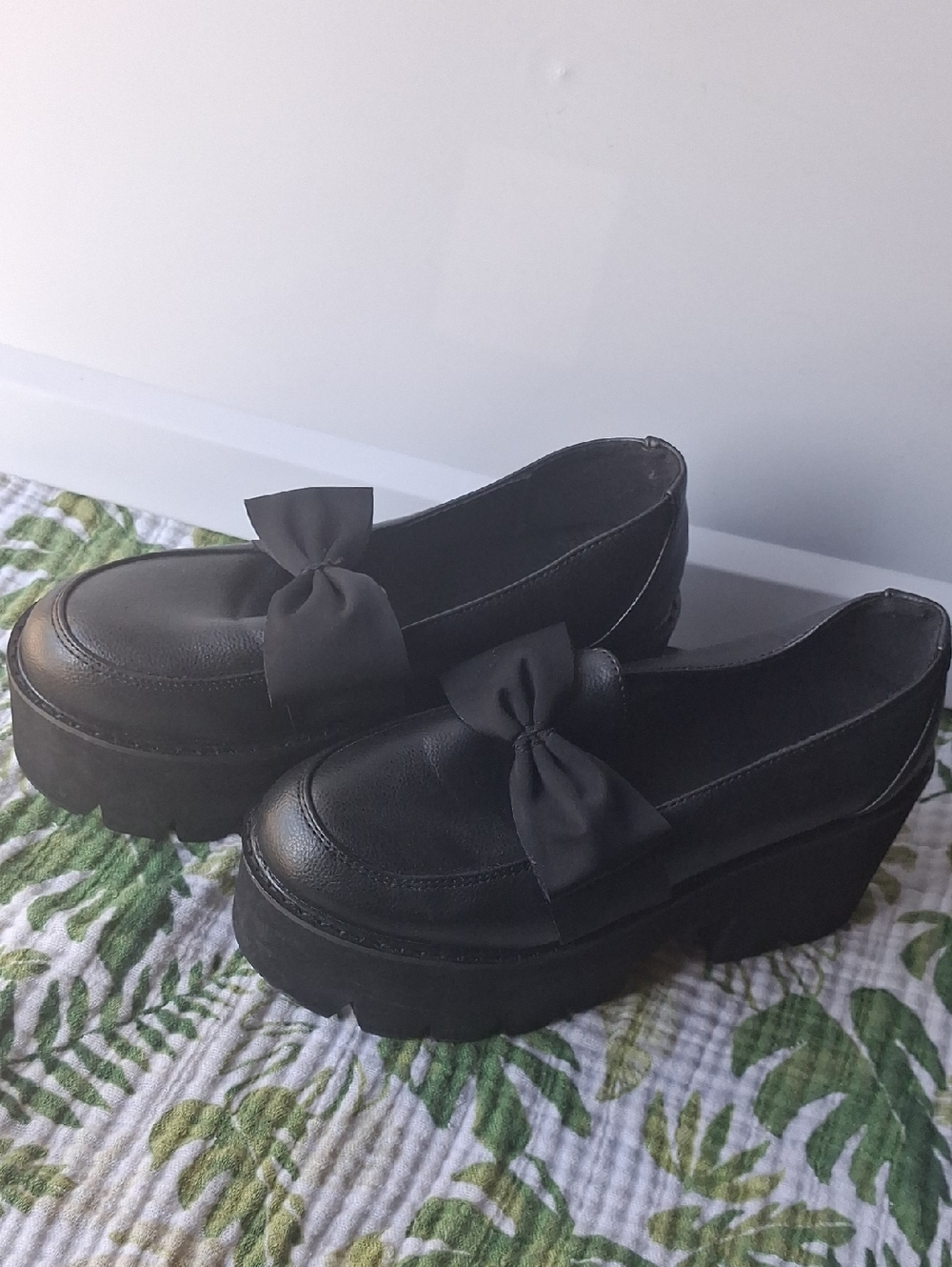 Black Platform Bow Loafers for Women